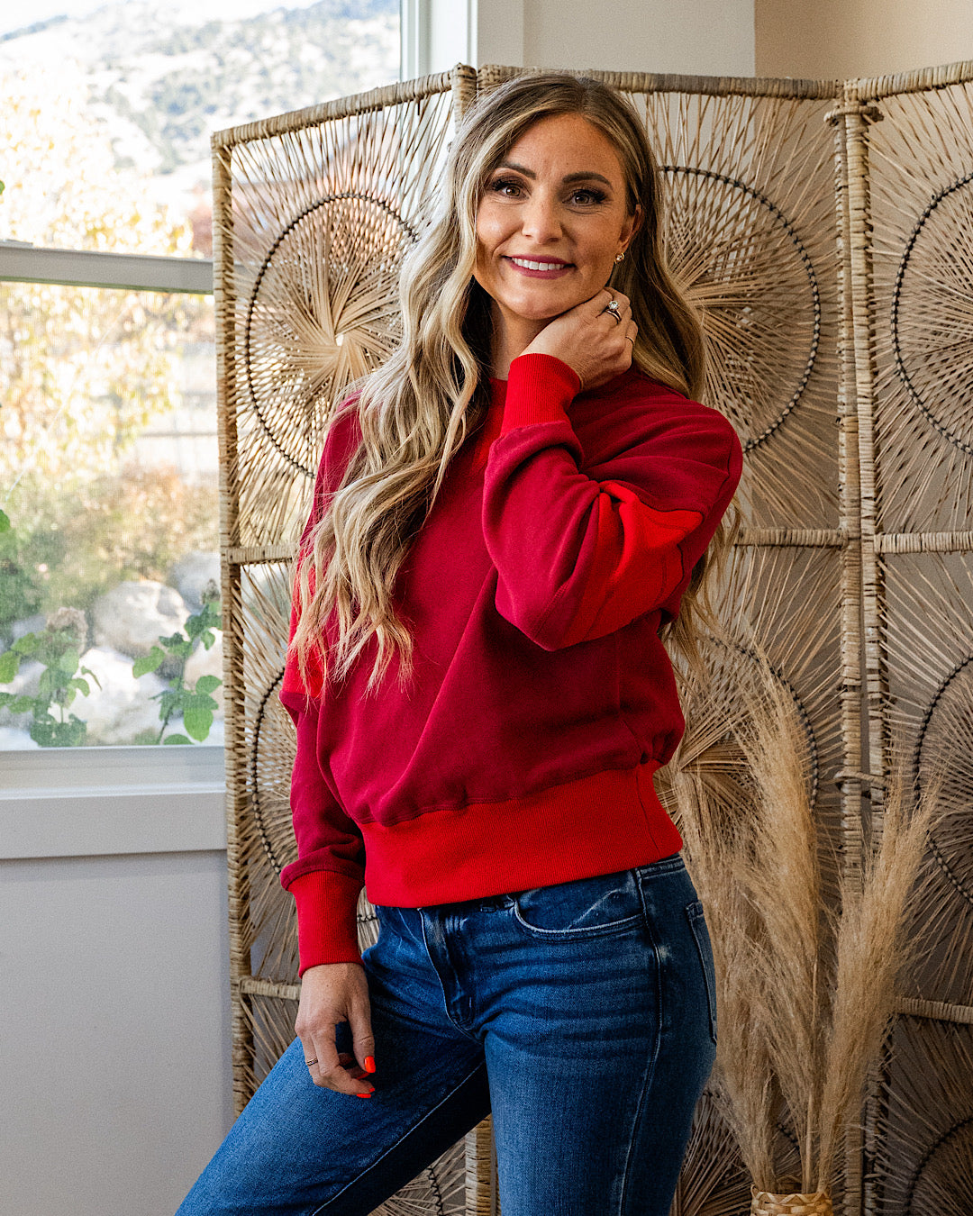 NEW! Mono B Varsity Color Block Fleece Crewneck - Garnet Red Mono B