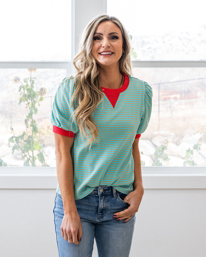 Becky Striped Puff Sleeve Top - Color Options Available! Arrow Twenty Two Mint