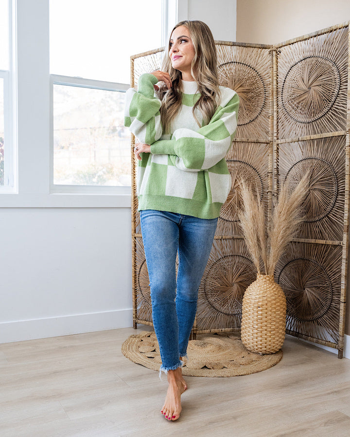 DOORBUSTER! Checkered Sweater - Sage & Ivory Lovely Melody