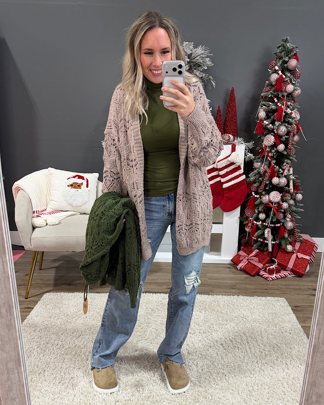 NEW! Roselin Pointelle Open Cardigan - Olive Bibi