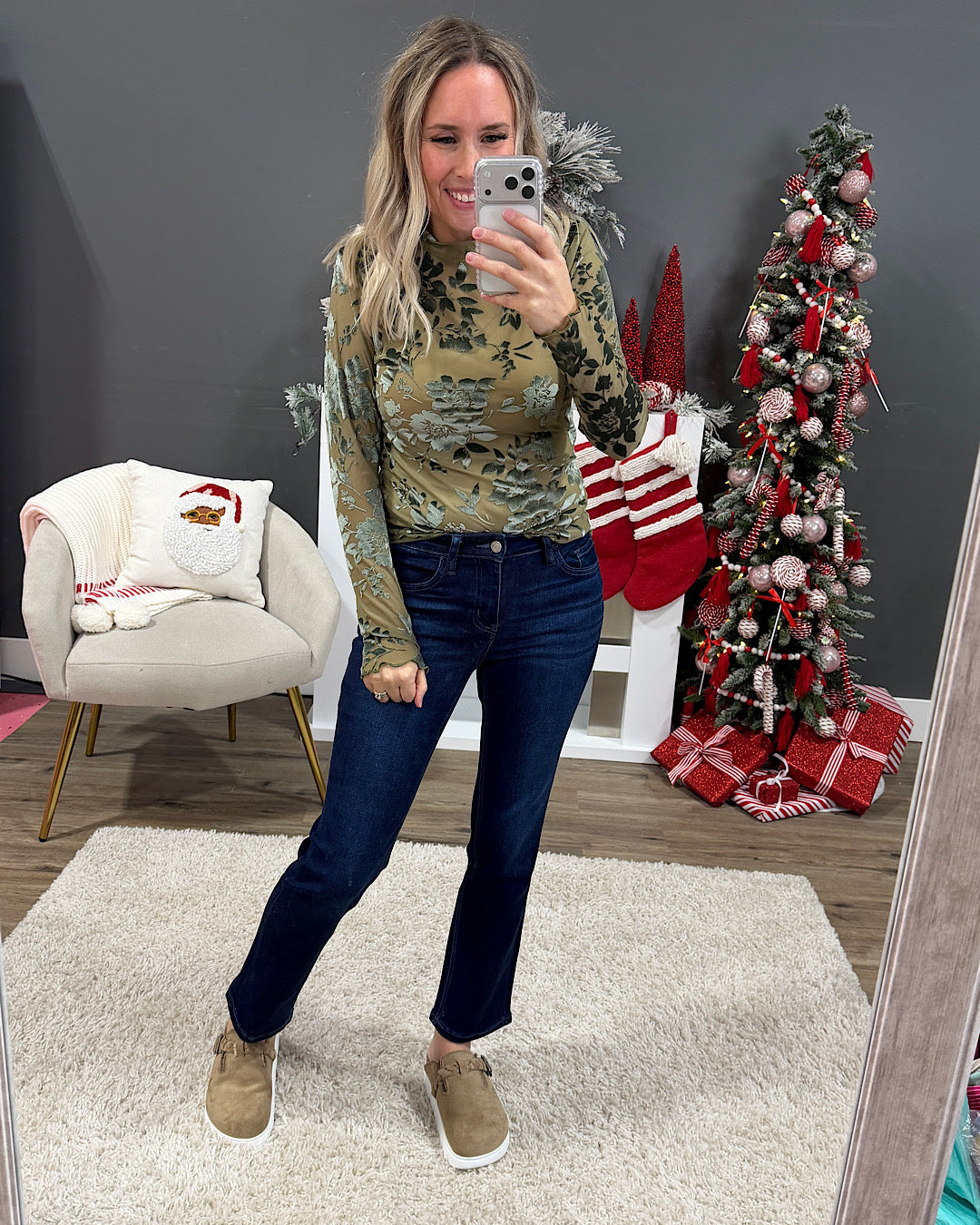 NEW! Andi Mesh Velvet Floral Long Sleeve Top - Olive