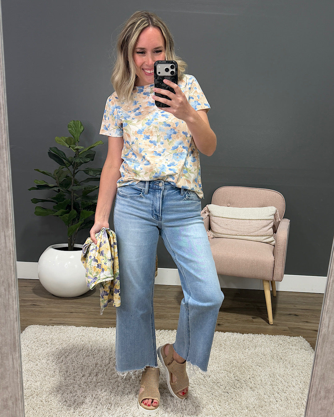 NEW! Danielle Floral Knit Top - Taupe & Blue Staccato