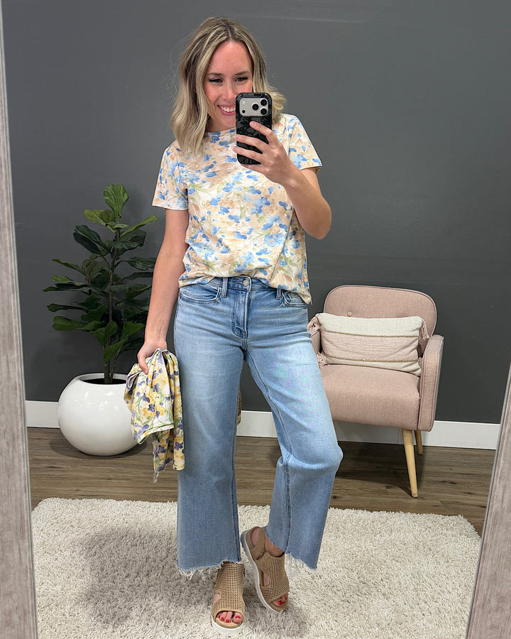 NEW! Danielle Floral Knit Top - Taupe & Blue Staccato