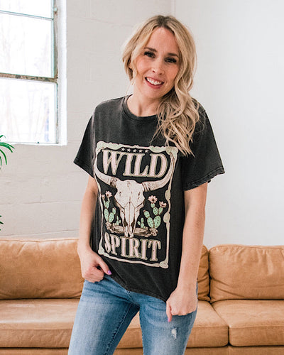 Wild Spirit Bull Skull Faded Black Distressed Tee FINAL SALE Zutter