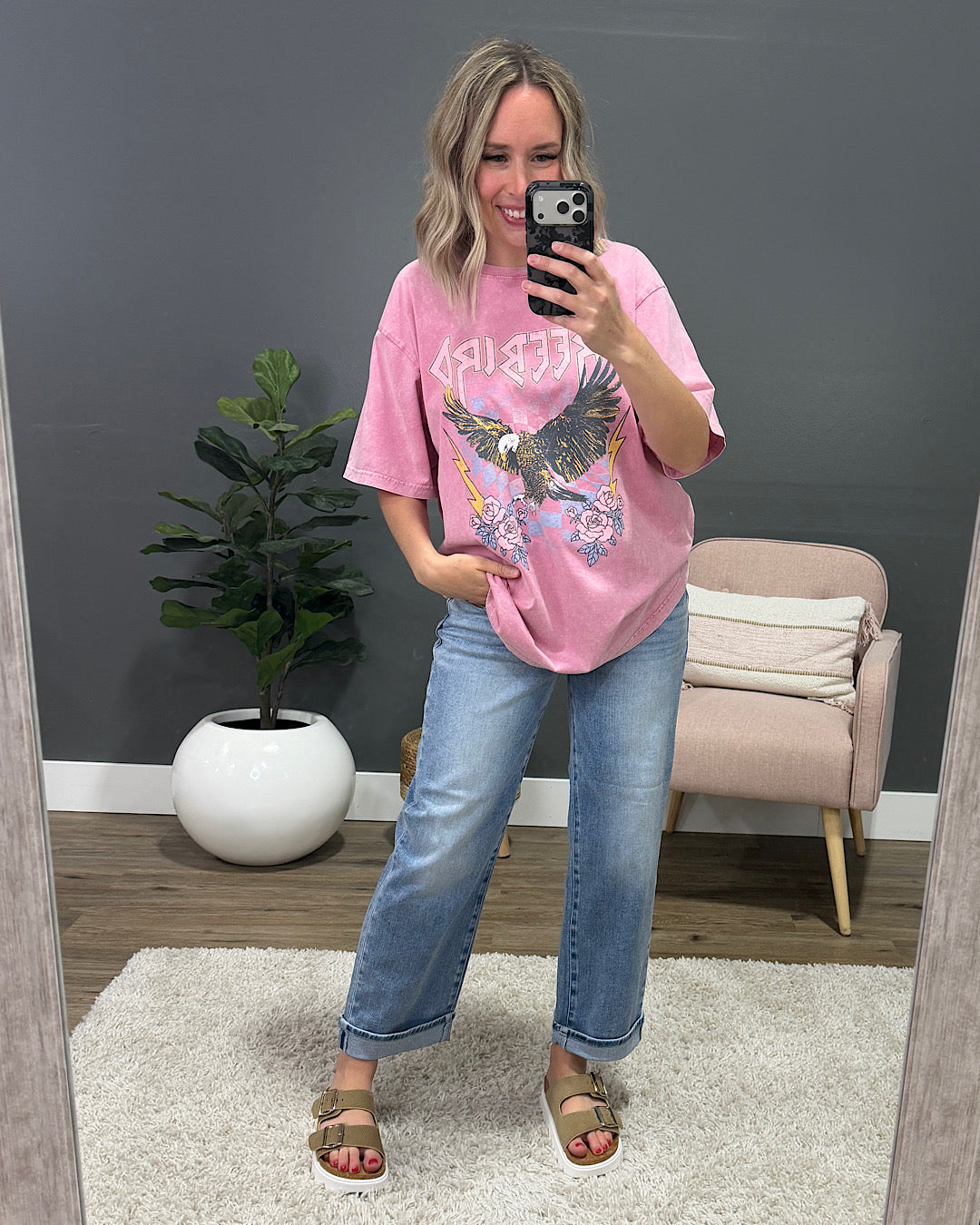 NEW! Free Bird America Roses Pink Mineral Wash Tee