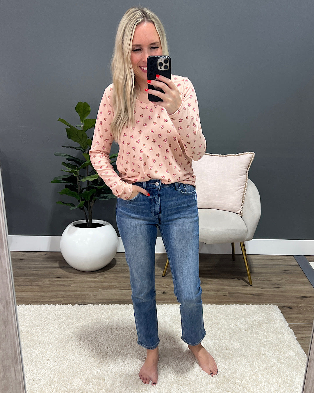 Saylor Ribbed Floral V Neck Top - Blush  PS Kate   