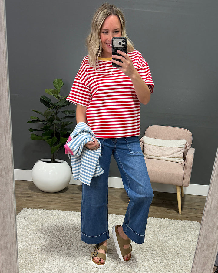 NEW! Ellie Contrast Striped Top - Sky Blue & Pink