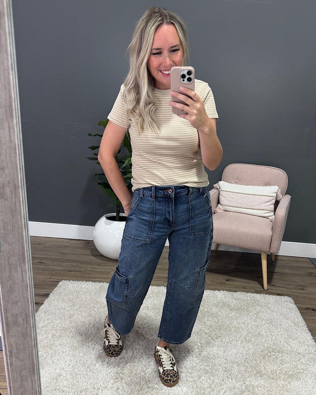 Shauna Striped Short Sleeve Top - Taupe & Cream Thread & Supply