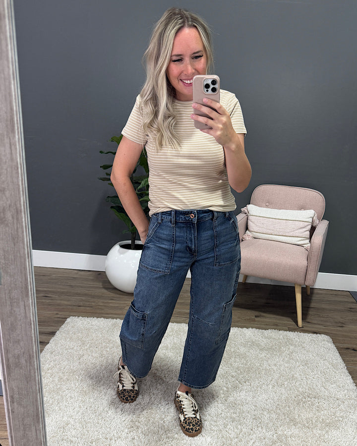 Shauna Striped Short Sleeve Top - Taupe & Cream Thread & Supply