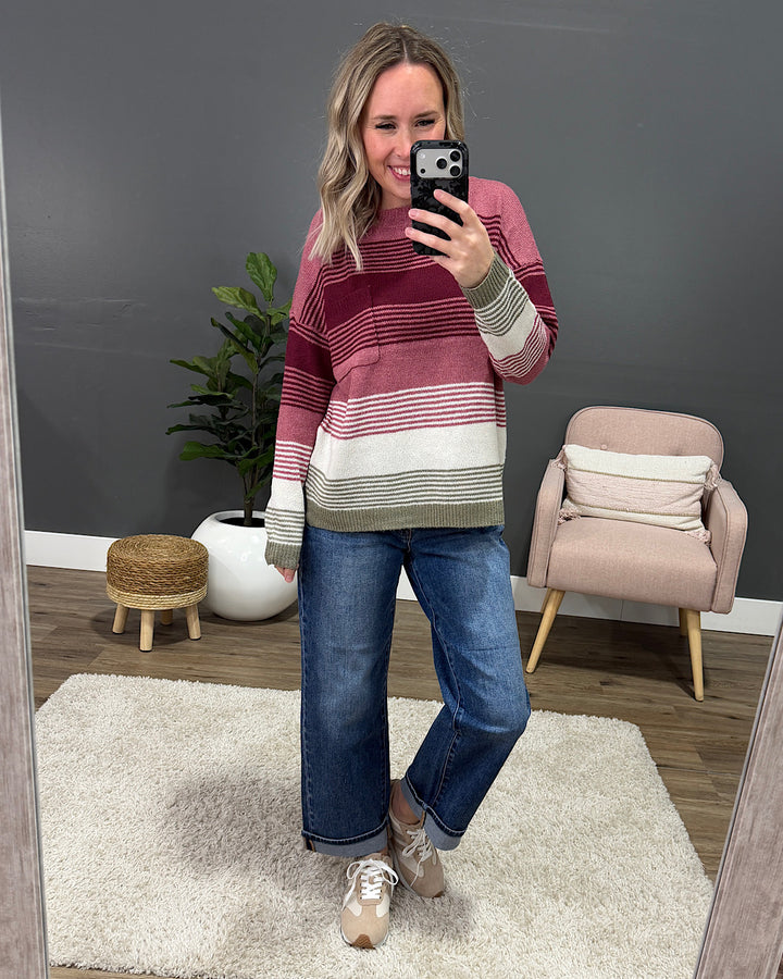 NEW! Janelle Multi Color Knit Sweater - Rose & Burgundy Staccato