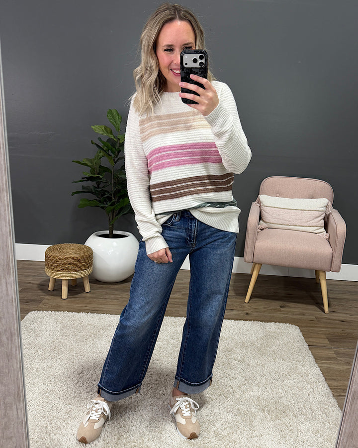 NEW! Gabby Color Block Striped Sweater - Taupe & Pink Staccato