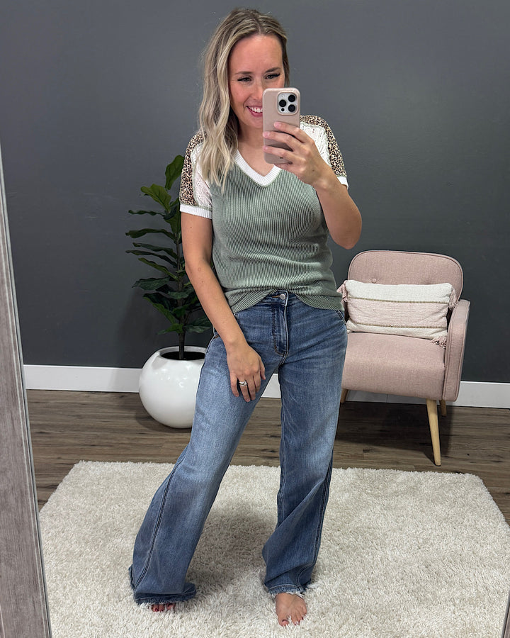 Angelica Mixed Fabric Corded Top - Light Olive 7th Ray