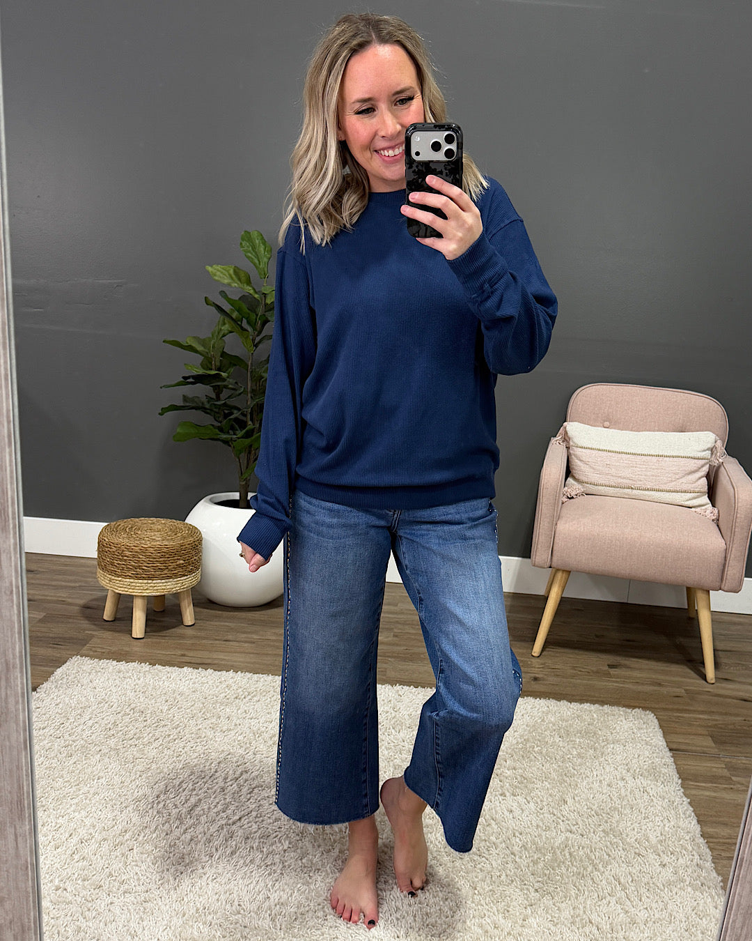 NEW! Mia Ribbed Crewneck Top - Navy