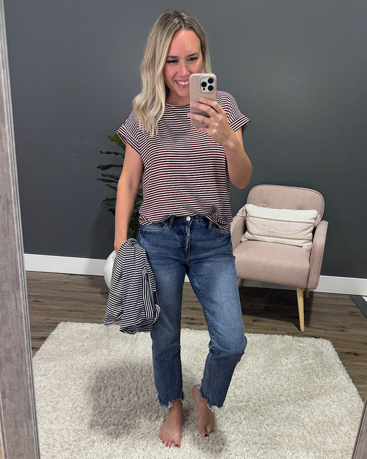 Callie Striped Twist Keyhole Top - Navy Staccato