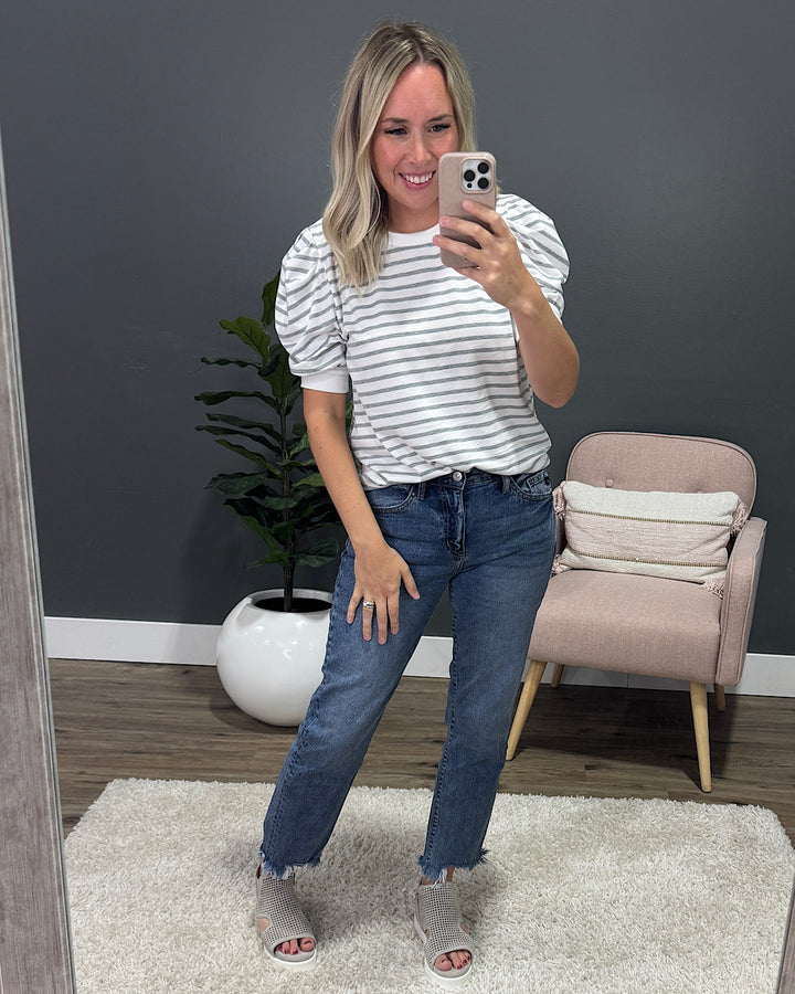 Hillary Striped Puff Sleeve Top - Heather Gray Lovely Melody