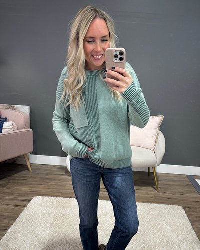 Tara Washed Pattern Block Sweater - Dark Mint Staccato