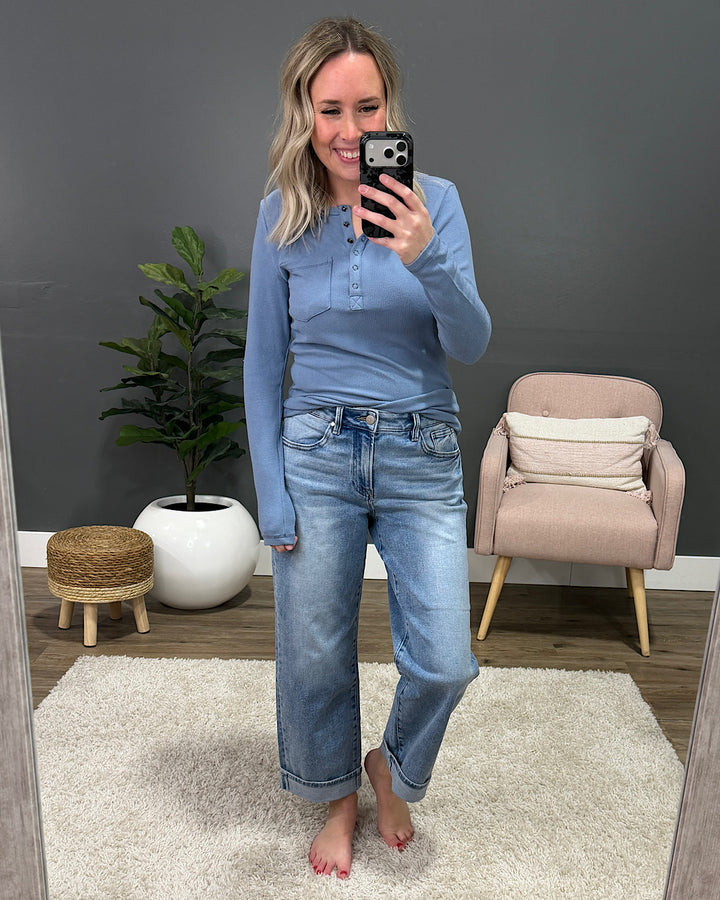 Georgia Henley Long Sleeve Top - Dusty Blue Michelle Mae