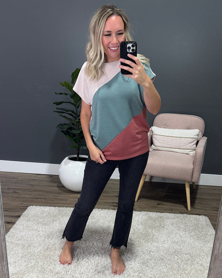 Elaine Color Block Top - Olive & Rust Staccato