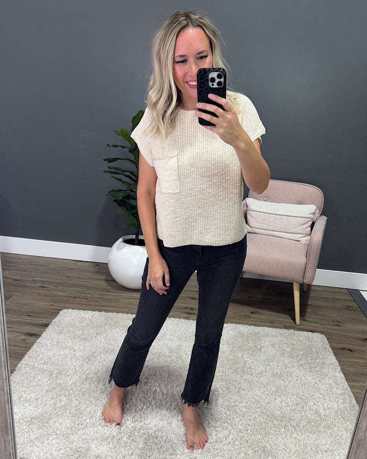Eloise Short Sleeve Pocket Sweater - Natural Be Cool