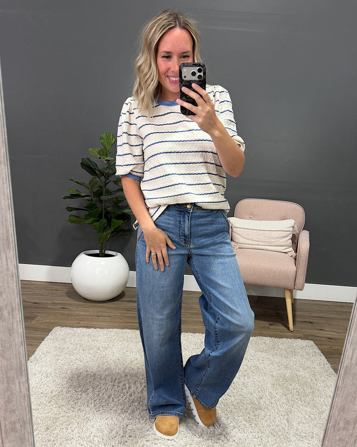 NEW! Alexa Textured Striped Puff Sleeve Top - Ivory & Denim