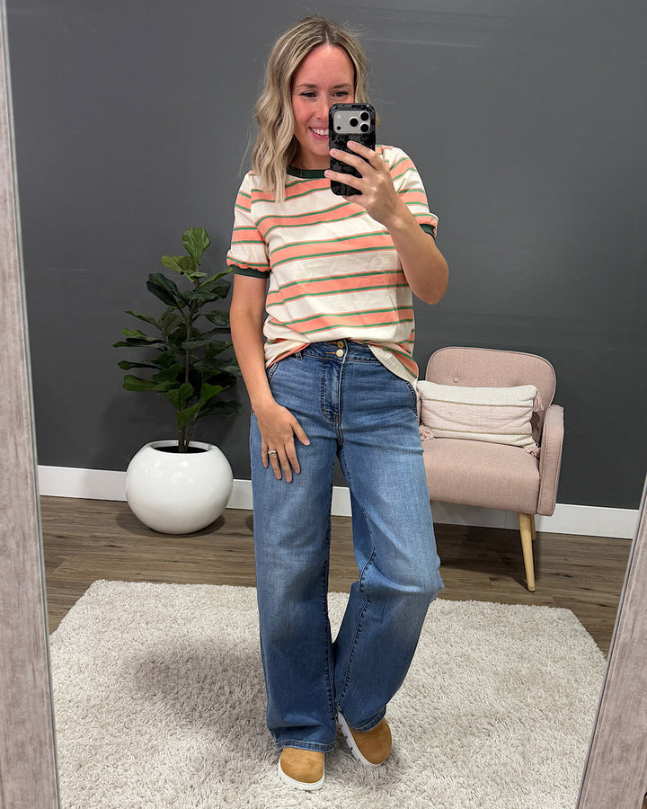 NEW! Shauna Contrast Striped Top - Coral & Olive