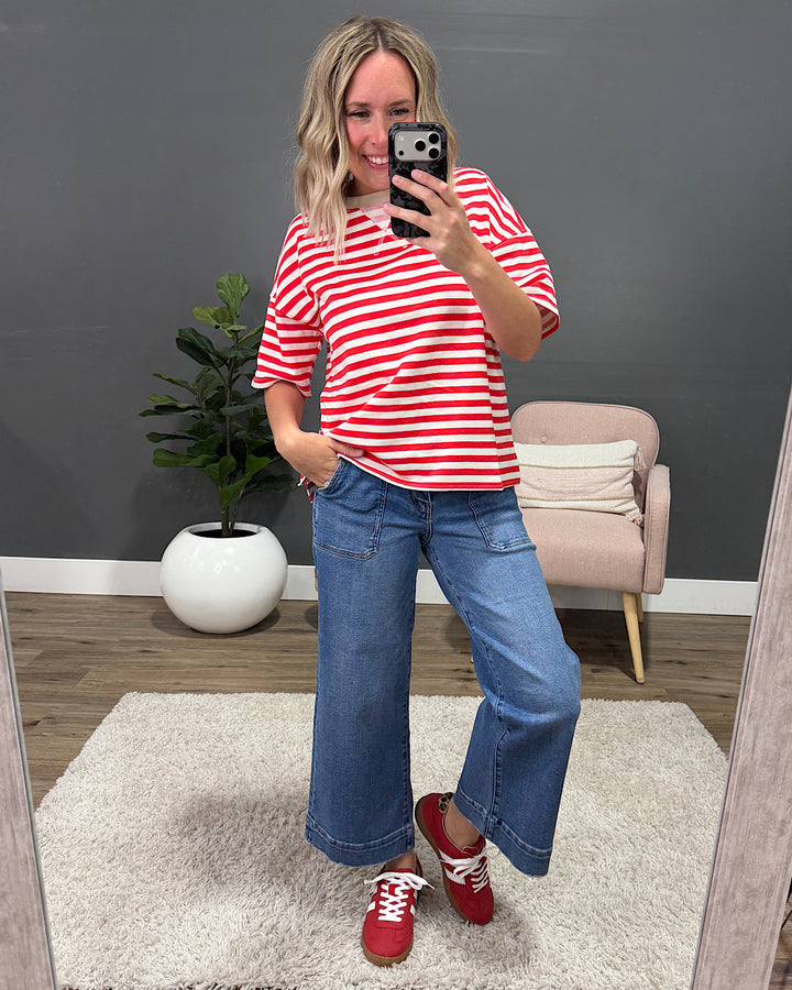 NEW! Hazel Contrast Striped Top - Red & Taupe