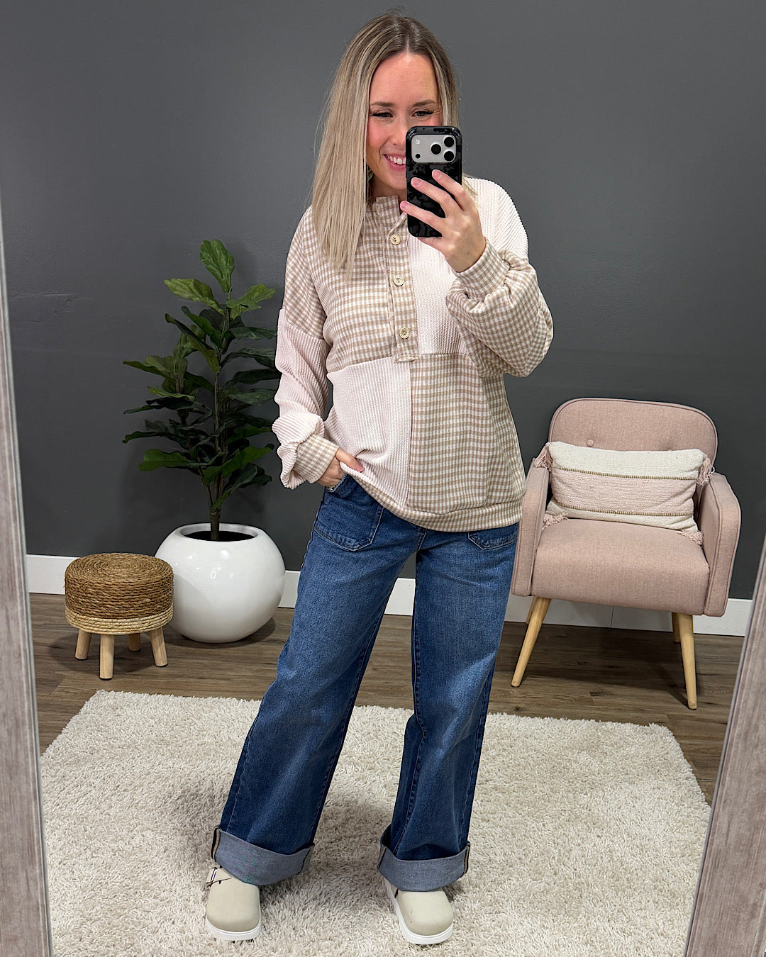 NEW! Cassie Mixed Fabric Henley Top - Taupe