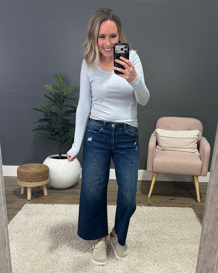 Jess Long Sleeve Knit Scoop Neck Top - Baby Blue Be Cool