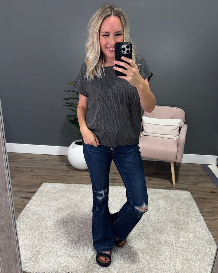 Raquel Open Weave Short Sleeve Sweater - Gun Metal Staccato
