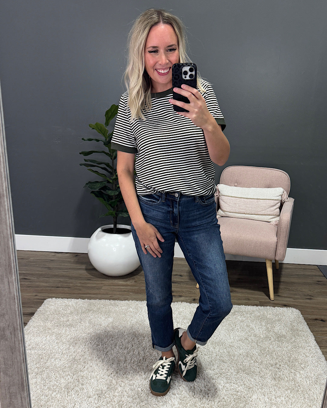 Meredith Striped Crewneck Top - Olive Staccato