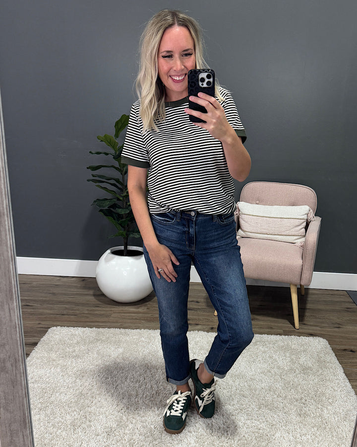 Meredith Striped Crewneck Top - Olive Staccato