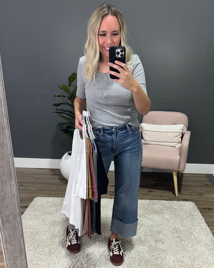 Abigail Ribbed Scoop Neck Henley Top - Ivory Be Cool