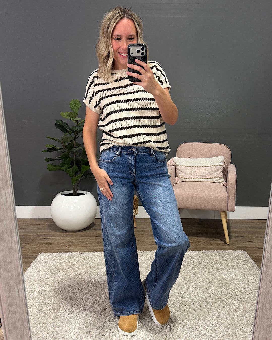 NEW! Kenzie Striped Open Knit Top - Ivory & Black