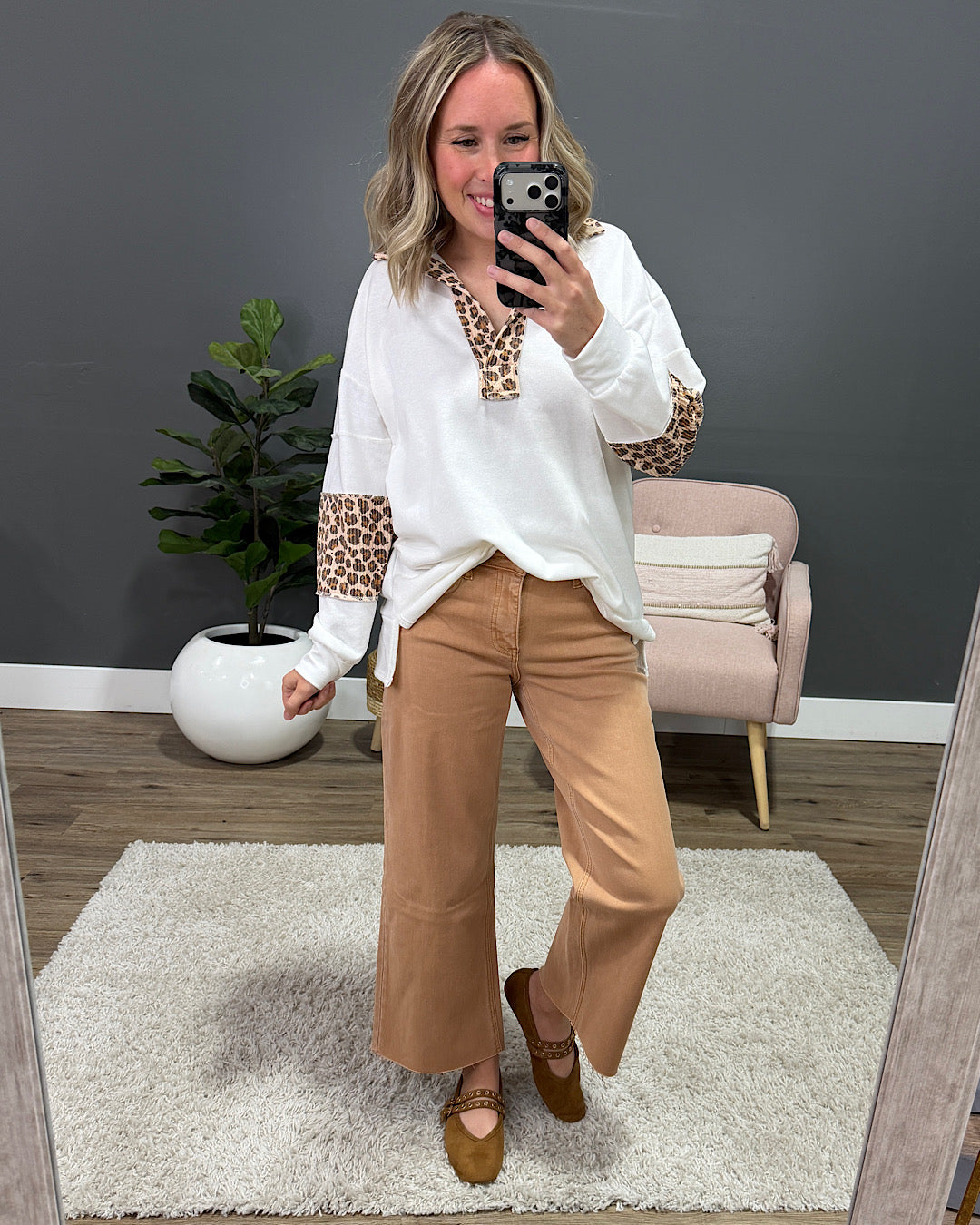 NEW! Jana Leopard Color Block Collared Top - Ivory