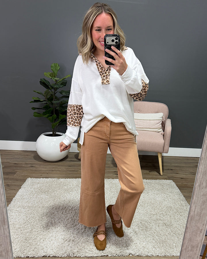NEW! Jana Leopard Color Block Collared Top - Ivory