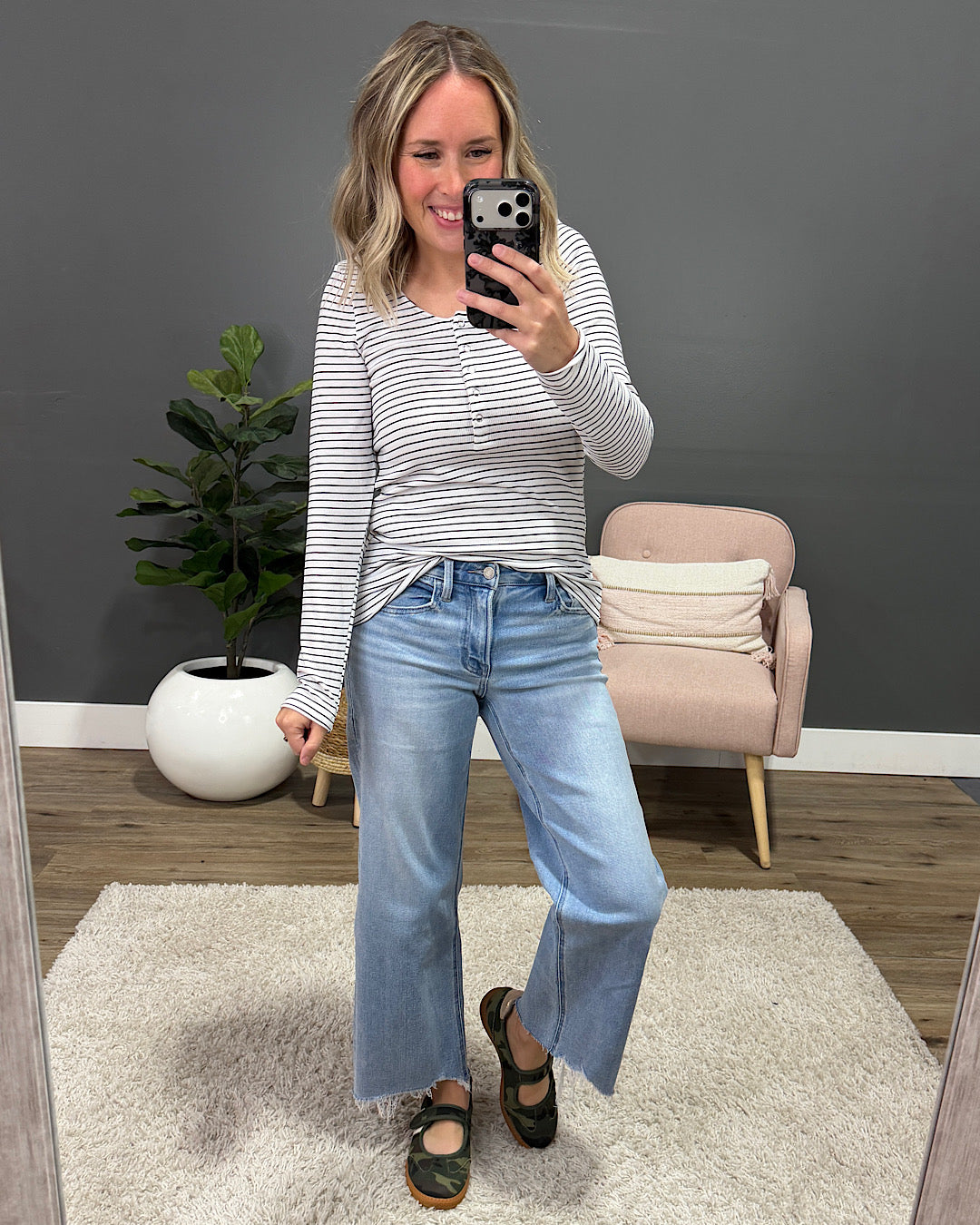 NEW! Dawn Striped Henley Long Sleeve Top - White Michelle Mae