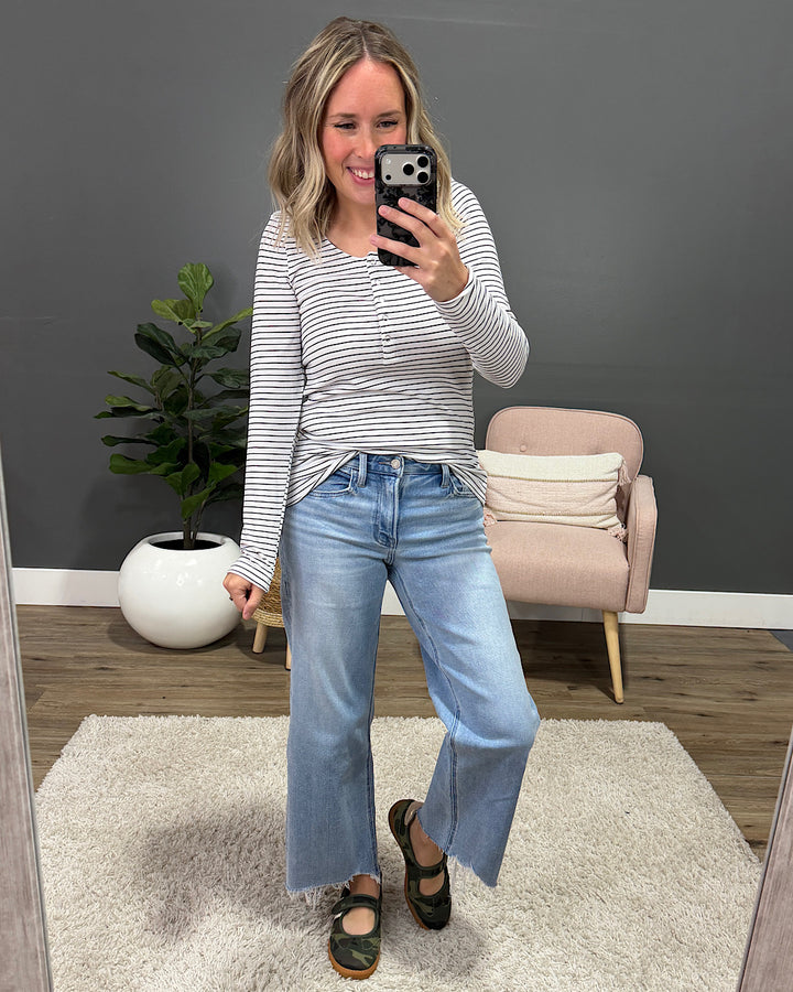 NEW! Dawn Striped Henley Long Sleeve Top - White Michelle Mae