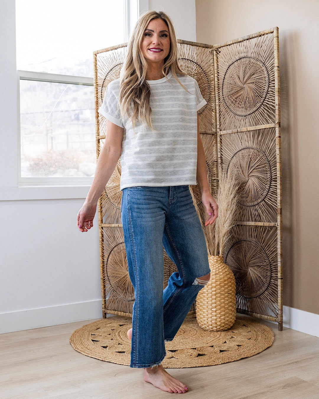 Nina Faded Striped Drop Shoulder Top - Heather Gray SALE Lovely Melody