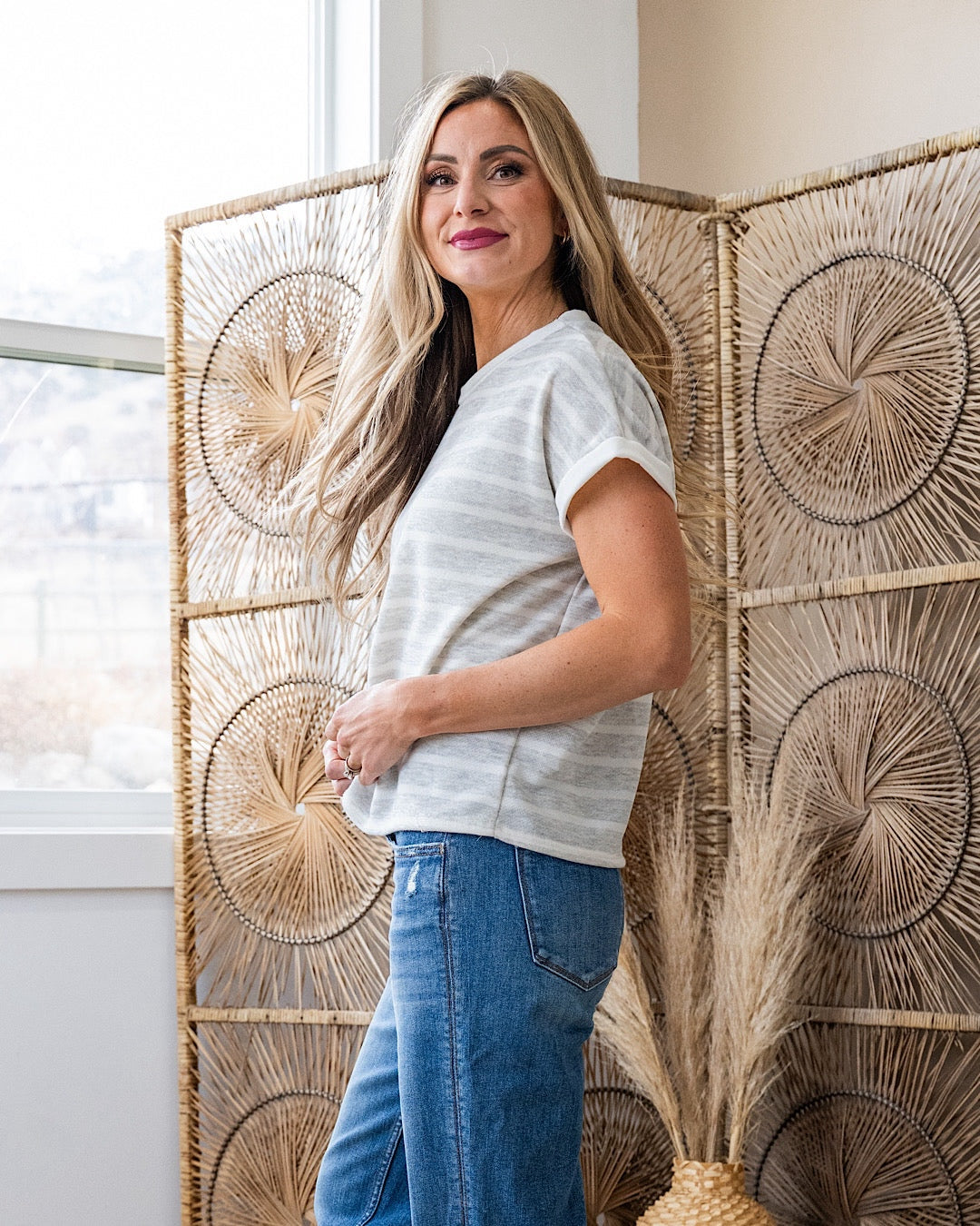 Nina Faded Striped Drop Shoulder Top - Heather Gray SALE Lovely Melody