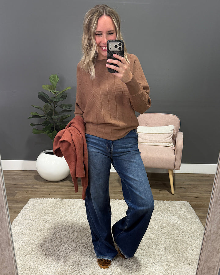 NEW! Adalyn Dolman Sleeve Textured Sweater - Mocha