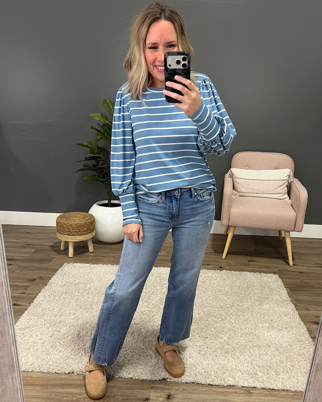 NEW! April Striped Bubble Sleeve Top - Blue Lovely Melody