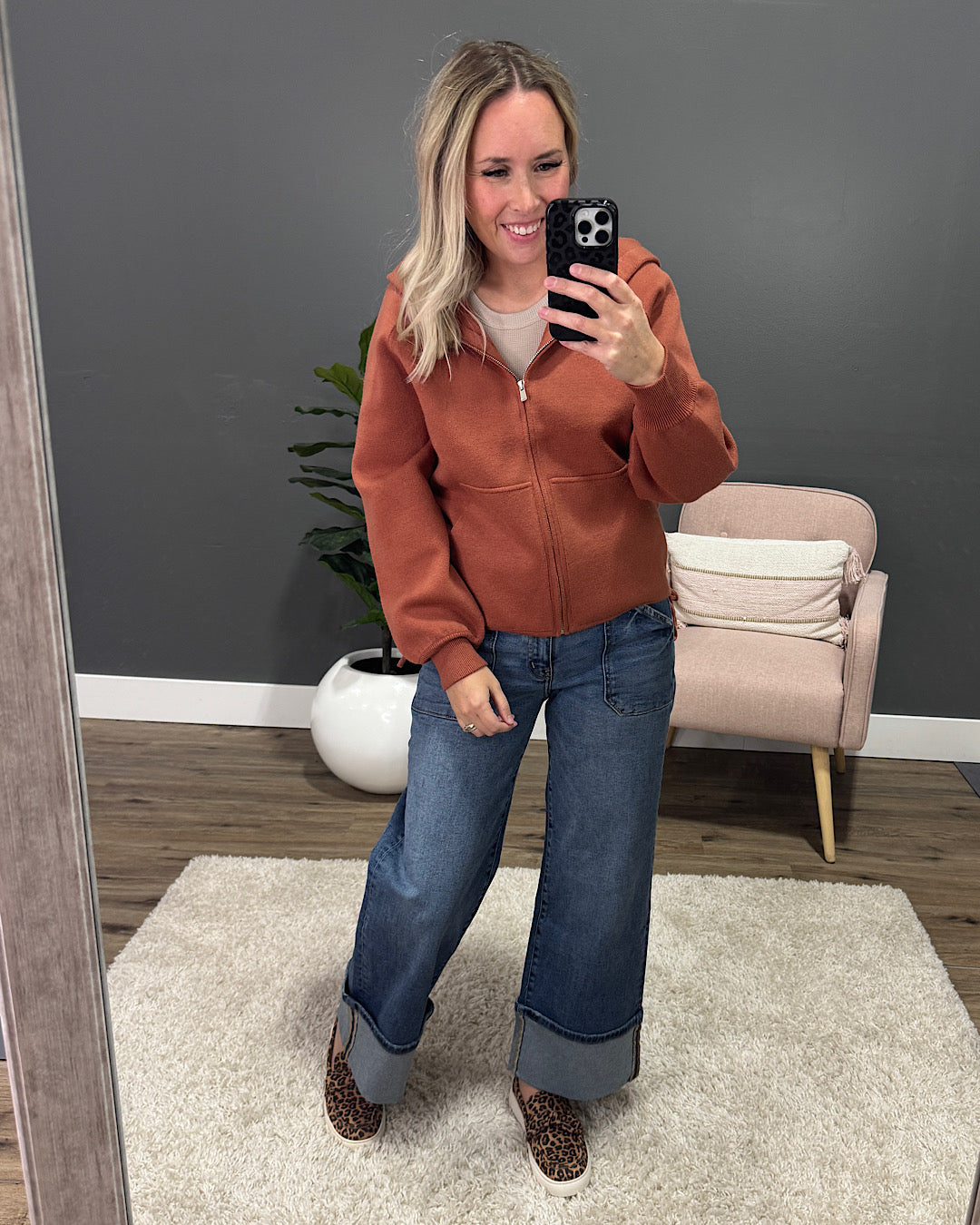 Brynn Drawstring Hem Zip Up Sweater Hoodie - Copper Staccato