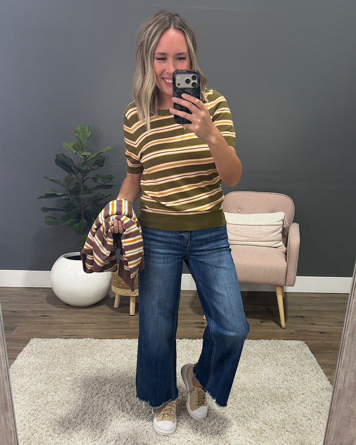NEW! Iris Striped Short Sleeve Sweater  - Chocolate