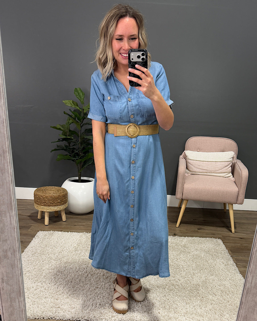 Este Belted Midi Dress - Chambray Mine