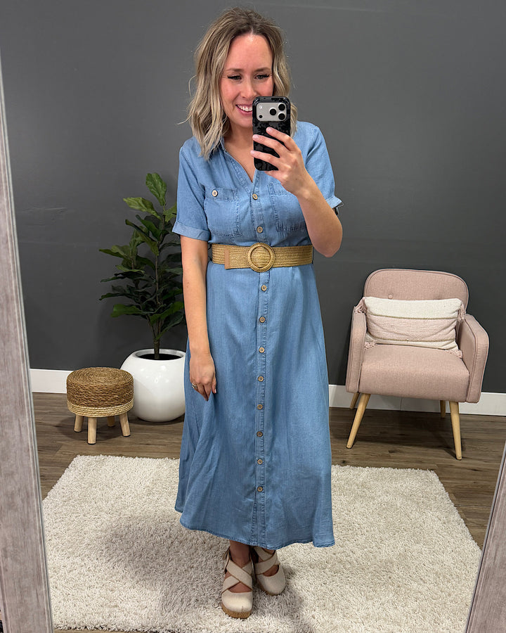 Este Belted Midi Dress - Chambray Mine