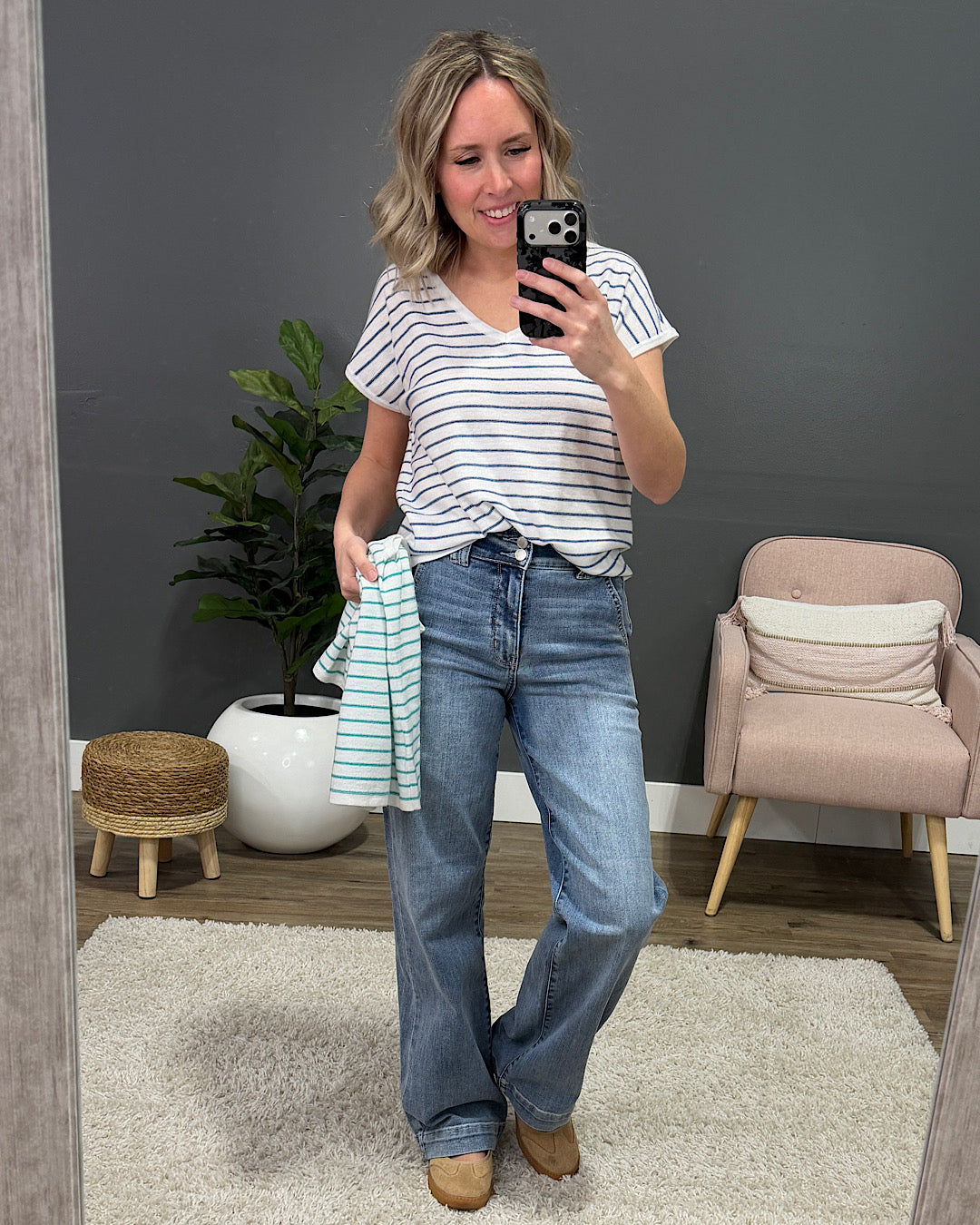 Candice Striped V Neck Sweater Top - Ivory & Navy Staccato