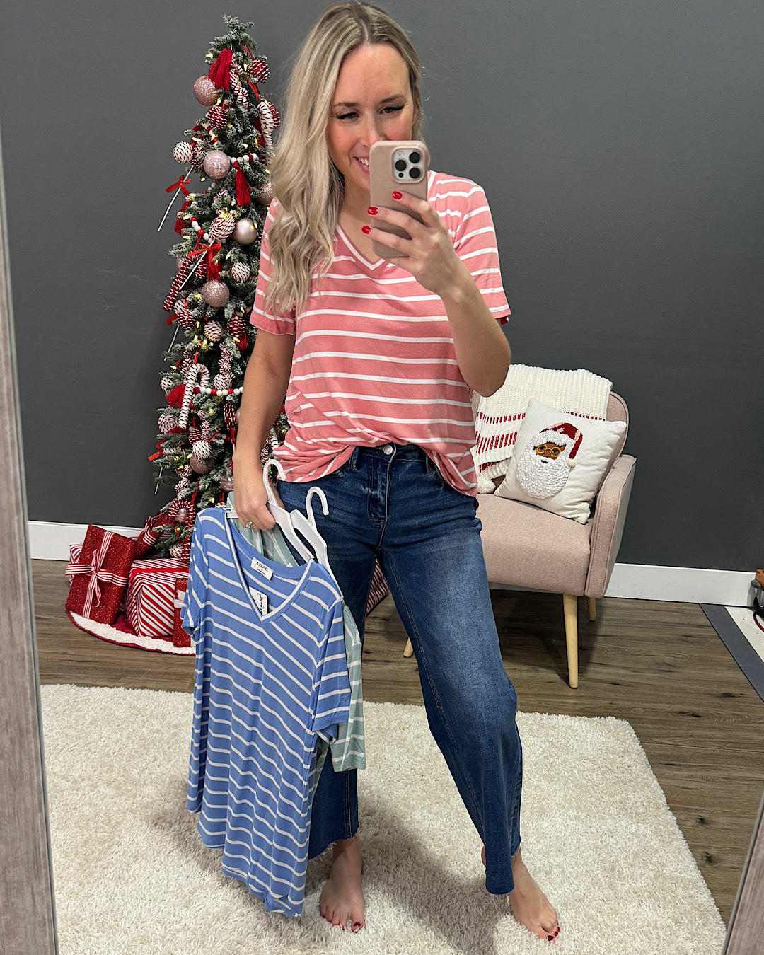 Striped V Neck Top - Light Green FINAL SALE Zenana