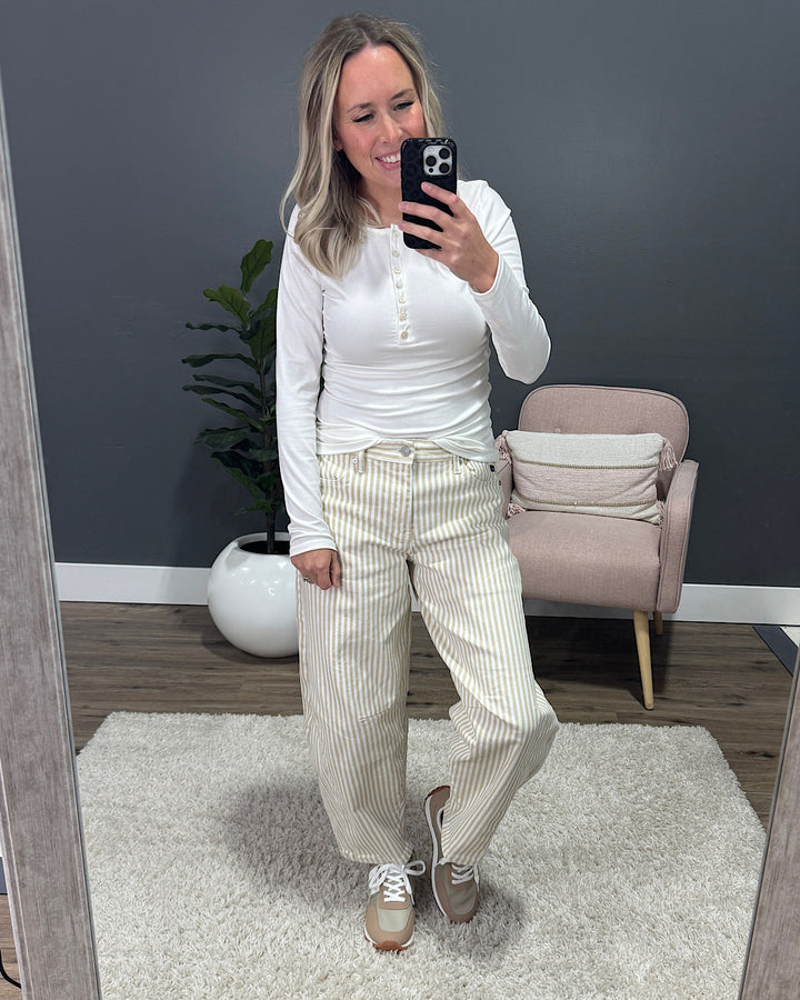 Tatum Micro Ribbed Henley Top - Ivory Lovely Melody