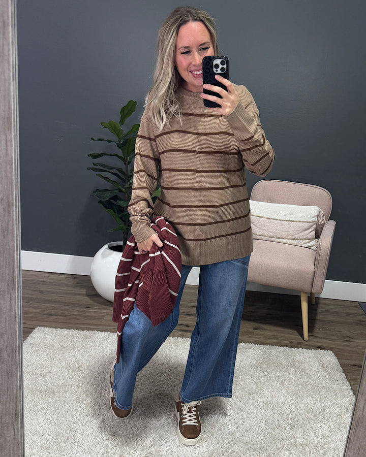 Andrea Striped Side Slit Sweater - Mocha Be Cool