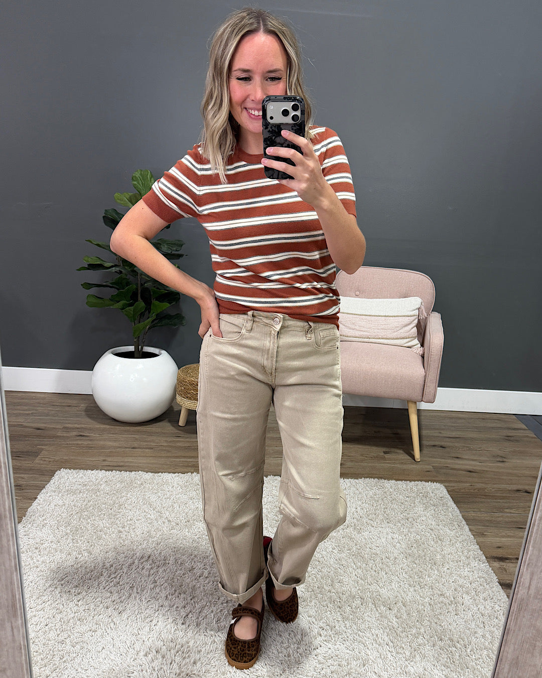 NEW! Iris Striped Short Sleeve Top  - Terracotta